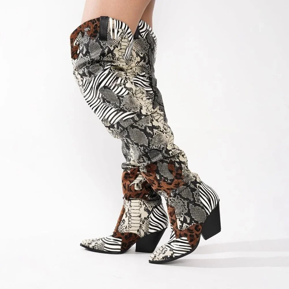 Cape Robbin Women's Animal Print Polyurethane Thigh High Block Heels Cowboy Boot